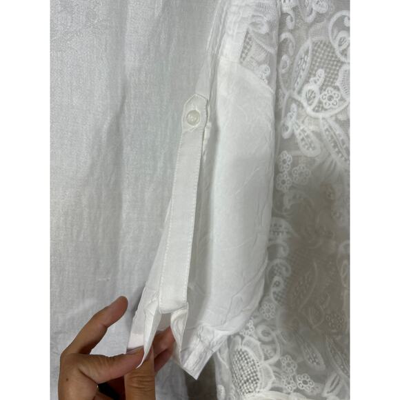 White Lace Crop Top Medium Roll Tab Sleeve - Picture 3 of 12